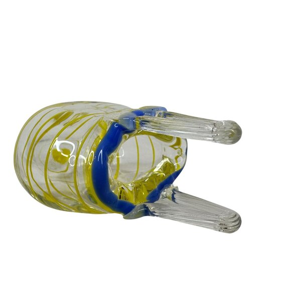 Vintage Handblown Art Glass MINI Basket Purse Blue & Yellow Swirls 2 Inch Decor - Picture 7 of 11